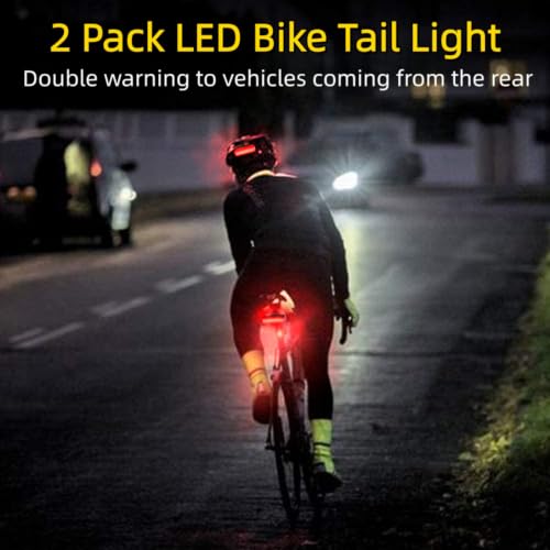 2 Pack LED Bike Tail Light,1200mAh Runtime 50 Hours,USB Rechargeable Bicycle Rear Light,IPX5 Waterproof,5 Light Modes for Adults Kids Men Women Road Mountain