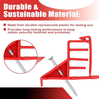 200 Pcs Multi-Cable Staple, Cable Stackers Electrical Wire Stackers, Secures Cable Staples Clips with Steel Nails Suitable Most Cables (Red) - color: Red-With Locking Clip
