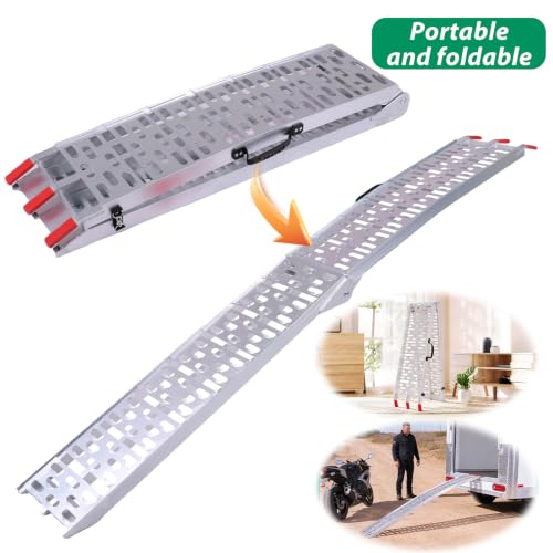 2PCS Aluminum Motorcycle Ramps 7.3ft Folding Ramp with Load Straps for Pickup Trucks Motorcycles ATVs UTVs Lawn Mowers Dirt Bikes