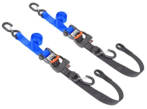 PowerTye 1.5in x 6.5ft Ergonomic Locking Ratchet Soft-Tye Straps with Heavy-Duty Latch Hooks - Made in USA - 1,000 lb. Working Load Limit / 3,000 lb. Breaking Strength - Blue/Black (Pair) - color: Blue