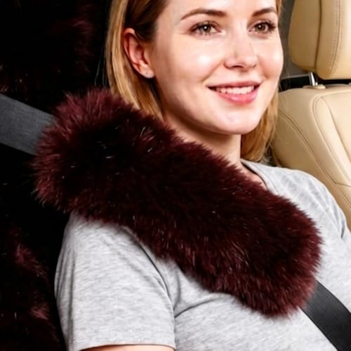 OGLAND Genuine Sheepskin Car Seat Belt Cover Pad-Soft Fuzzy Fluffy Seatbelt Covers-Comfy Shoulder Pad Neck Cushion Protector for Woman, Man, Girl Car Accessories (Long Wool Dark Red) - color: Long Wool Dark Red