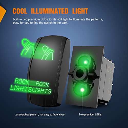 Nilight Rock Lights Rocker Switch Led Light Bar Switch 5Pin Laser On Off SPST switches 20A/12V 10A/24V Switch Green with Jumper Wires Set for Cars Trucks RVs,2 Years Warranty - color: Green, size: ROCK LIGHTS