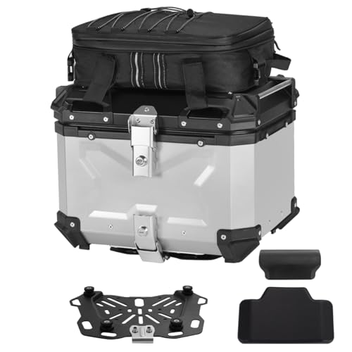 Motorcycle Top Case Set，Including Tail Box、Base Bracket、Backrest、Bag，Waterproof Aluminum Handle Motorcycle Helmet Case,Tail Box with Security Lock (Silver, 36L) - color: Sliver, size: 36L