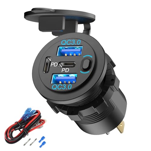 78W 4 Port 12V USB Outlet Car Charger, Super Fast Dual PD3.0 & QC3.0 Multiple USB Port for Car, USB C Cigarette Lighter Replacement 12 Volt Socket Waterproof for Marine Boat Motorcycle RV Golf Cart - color: pack of one