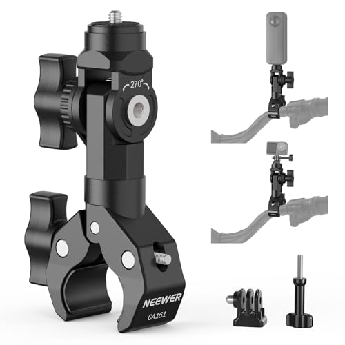 NEEWER Motorcycle Bike Handlebar Clamp Mount, Heavy Duty Clip Holder, 1/4" Screw & 3 Prong Adapter Compatible with Insta360 X5 X4 GoPro Hero 13 12 POV Video Recording, 360° Rotation & 270° Tilt, CA161 - style: CA161