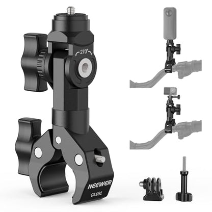 NEEWER Motorcycle Bike Handlebar Clamp Mount, Heavy Duty Clip Holder, 1/4" Screw & 3 Prong Adapter Compatible with Insta360 X5 X4 GoPro Hero 13 12 POV Video Recording, 360° Rotation & 270° Tilt, CA161 - style: CA161