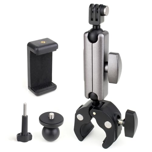 GEPULY Super Camera Clamp Mount for GoPro Insta360 - Aluminum Dual 360° Ball Head Magic Arm Adapters with 1/4''-20 Screw, Phone Tripod Holder Mount for Motorcycle Handlebar Fence Desk Tree Pole LED