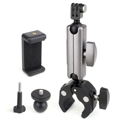 GEPULY Super Camera Clamp Mount for GoPro Insta360 - Aluminum Dual 360° Ball Head Magic Arm Adapters with 1/4''-20 Screw, Phone Tripod Holder Mount for Motorcycle Handlebar Fence Desk Tree Pole LED