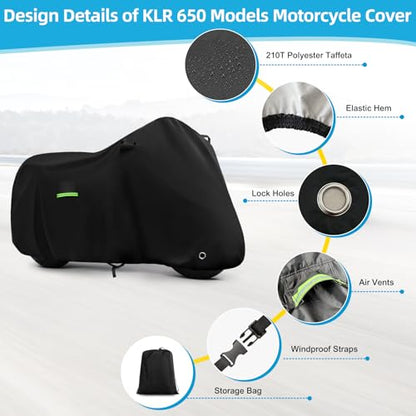 Motorcycle Cover Waterproof for Kawasaki KLR 650/R 1250 GS/Honda Africa Twin/V-Strom 1050XT, Heavy Duty Outdoor Sun UV Rain Dust All Weather Motorbike Cover with Soft Cotton Lining & Lock Hole-Balck - size: KLR 650