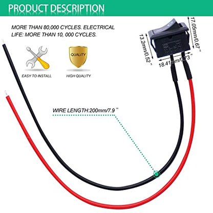 Twidec/10Pcs Rocker Switch AC 6A/250V 10A/125V SPST 2 Pins 2 Position ON/Off Car Boat Square Black Rocker Switch Toggle with Pre-soldered Wires KCD1-X-F - color: Black-Square-ON OFF-10PCS