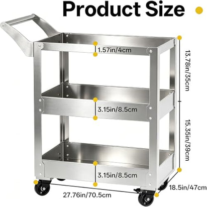 3-Tier Stainless Steel Utility Cart - 15.3” D X 27.7” W x 36.6” H,1100 lbs Heavy Duty Service Cart with Wheels for Mechanics, Garage & Repair Tool Storage.