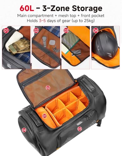 KEMIMOTO Bike Travel Bag, 60L Mountain Bicycle Duffel with Full-Face Helmet Storage (Size L) & Orange Interior Lining, Convertible Backpack for MTB Gear, Cycling Training, Hiking, Motorcycle, Biking