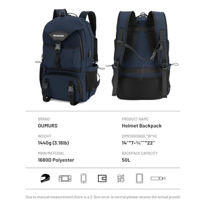 Oumurs Motorcycle Helmet Backpack 50L, Blue Water-resistant 1680D Oxford Fabric, Expandable, Reflective, USB, Large Capacity, Long Distance Travel Backpack - color: Blue
