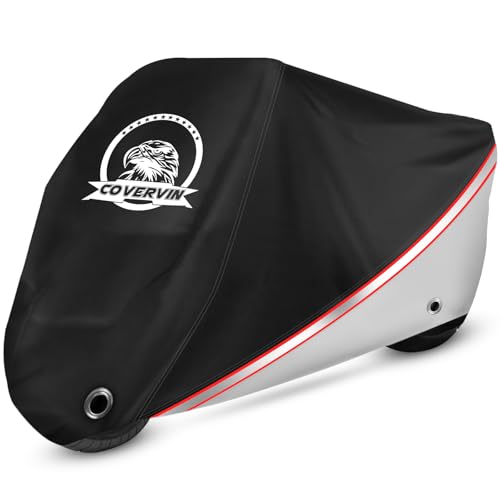 COVERVIN Motorcycle Cover, All Weather Outdoor Waterproof Night Protection with Reflective Strips, Locking Holes and Storage Bag for 104 Inch Suzuki, Kawasaki, Honda, Harley-Davidson(Silver XXL) - color: Silver, size: XXL-104 inch
