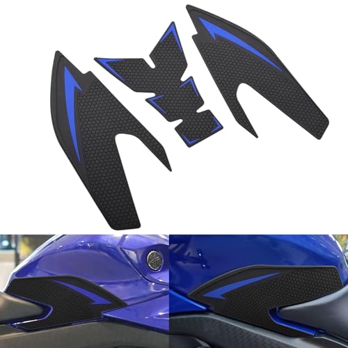 Motorcycle Non-Slip Rubber Gas Tank Pads with Knee Grips - 4-Piece Traction Side Protectors (for Yamaha Vehicle) YZF-R25 YZF-R3 (2019-2025) Fuel Tank Pad (Blue) - color: Blue