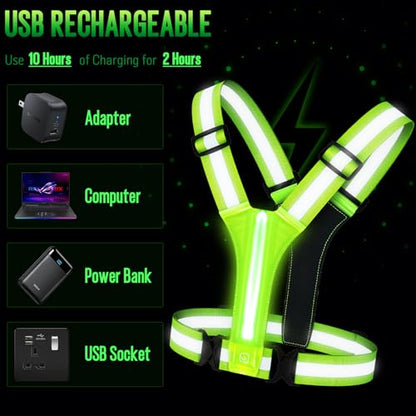LED Rechargeable Reflective Vest with 11hrs Runtime, Light Up Safety Gear for Night Running Walking Cycling, USB Rechargeable - color: Green