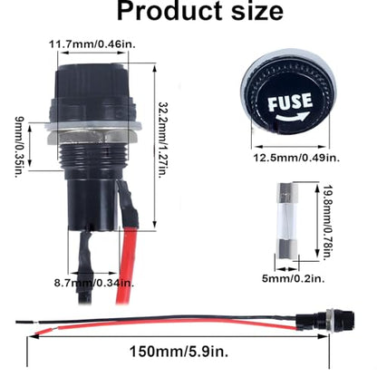 6 pcs Panel Mounted Fuse Holder 5x20mm 250VAC 10A/125VAC 15A with pre-Welded 18AWG Leads Measuring 6" Length, and 12pcs(6pcs*10A+6pcs*15A) Fast Blowing Glass Tube fuses - style: wired-5*20mm