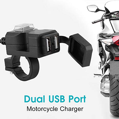 Motorbike Phone Mount, USB Port for Motorcycles, 12V Dual USB Port Motorcycle Charger Handlebar Charger 5V 1A / 2.1A Adapter Phone Power Outlet