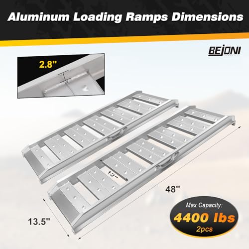 BEJONI Aluminum Trailer Ramps, 4FT Heavy Duty Truck Ramps, 4400 LBS Load Capacity, Hook End Universal Loading Ramp for ATV, UTV, Motorcycle, Lawn Tractor, Pickup Truck & Trailer, 2 Pcs - size: 48''L - 4400lbs Load Capacity
