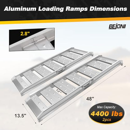BEJONI Aluminum Trailer Ramps, 4FT Heavy Duty Truck Ramps, 4400 LBS Load Capacity, Hook End Universal Loading Ramp for ATV, UTV, Motorcycle, Lawn Tractor, Pickup Truck & Trailer, 2 Pcs - size: 48''L - 4400lbs Load Capacity