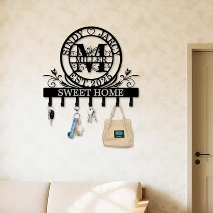 Personalized Monogram Key Holder for Wall, Custom Family Name Hooks | Monogram name design with rust-resistant metal, free hardware, ideal for new home, wedding, couples and housewarming - color: Monogram