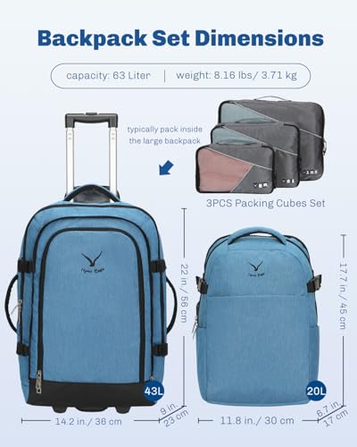 Hynes Eagle 2 in 1 Travel Backpack 22 inches Carry on Luggage 63L Rolling Backpack for Men Women with Packing Cubes 3PCS Set - color: Blue