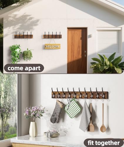 Optish 2 Pack Wooden Coat Rack Wall Mount, 16.1" Rustic Coat Hanger Hooks with 10 Double Hooks, Wall Coat Rack for Hat, Clothes, Bags, Jacket, Brown - color: Brown