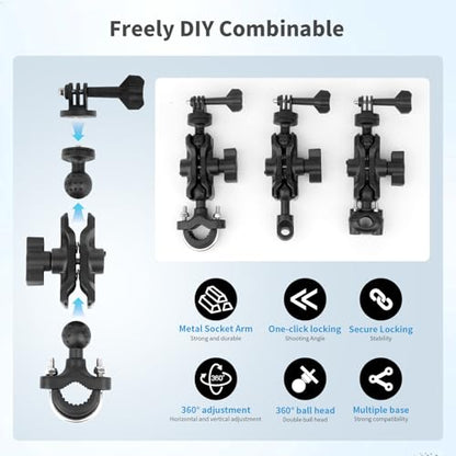 Bike Motorcycle Camera Mount Bundle Kit, 1/4 Screw & Tripod Mount Adapter, 360°Rotating Ball Head Base -Ballhead Arm Bracket Clamp for lnsta360/G0pro, Handlebar Stype(0.59"-1.38") 75013 - style: 35MM handlebar