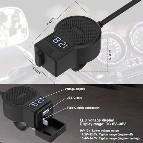 Motorcycle Phone Charger for Honda GL1800 Gold Wing 2001-2024, Dual USB Charging Outlet with Voltmeter, On/Off Switch, and Handlebar or Flat Surface Mounting Options