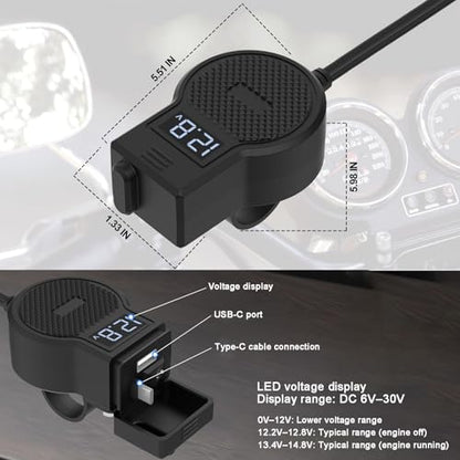Motorcycle Phone Charger for Honda GL1800 Gold Wing 2001-2024, Dual USB Charging Outlet with Voltmeter, On/Off Switch, and Handlebar or Flat Surface Mounting Options