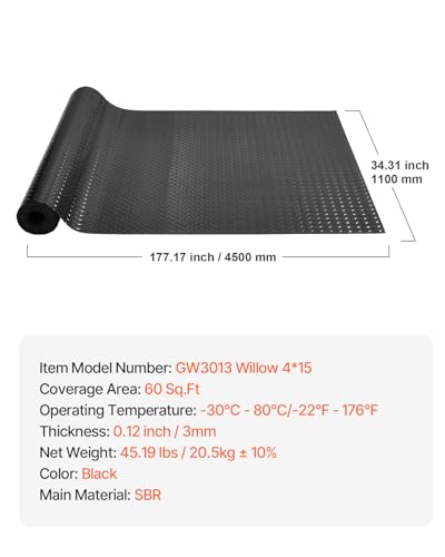 VEVOR Rubber Flooring Roll, 4 x 15 ft SBR Diamond-Plate Rubber Mat, 3mm Thickened, Easy to Clean, Customizable Size, Non-Slip Floor Protector Mat for Under Cars, Garage, Warehouse, Industry Gym, Black - size: 4 ft x 15 ft