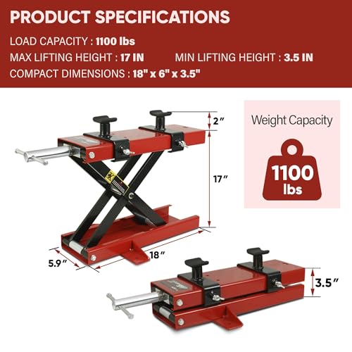 ZENY Motorcycle Lift, Motorcycle Center Scissor Lift Jack with Saddle & Safety Pin, 1100 LBS Capacity Steel Jack Hoist Stand for Motorcycles, ATVs, Dirt Bike