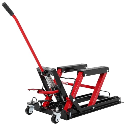 GarveeLife Hydraulic Motorcycle Lift Jack, Scissor Jack with with Foot Pedal & Wheels, 1500LB Capacity, 4.7''-14.57'' Height Range, Non-Slip Platform & 360° Swivel Casters, ATV/UTV/Dirt Bike Lift - color: Red