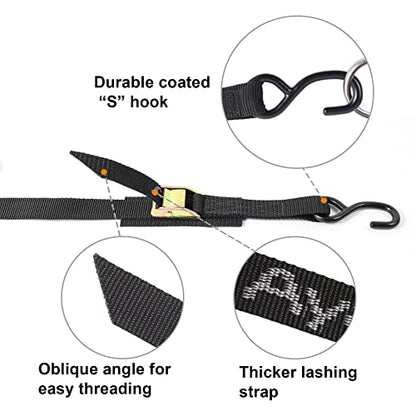 Ayaport Cam Buckle Tie Down Straps 6 feet 2200lbs Break Strength Securing Straps with S Hooks for Motorcycle, Kayak, Car, Truck, Dirt Bike, Pack of 4 - size: Cam Buckle-1"x6\' black