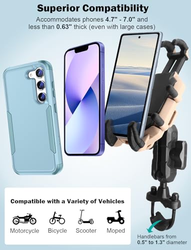 Motorcycle Phone Mount Holder with Vibration Dampener, Strong Clamp for iPhone 15 Pro Max/14/13, Galaxy S23+/23 and More, Aluminum Arm and Base, Suitable for Bike/ATV Handlebar