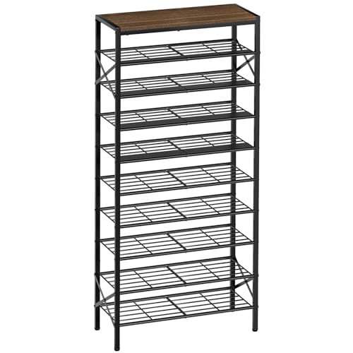 10-Tier Tall Shoe Rack Organizer Shoe Storage for Entryway 30-40 Pairs Metal Shoe Rack for Closet Heavy-Duty Shoe Rack with Wooden Top Shelf for Garage Rustic Brown - color: Rustic Brown, size: 10-tier