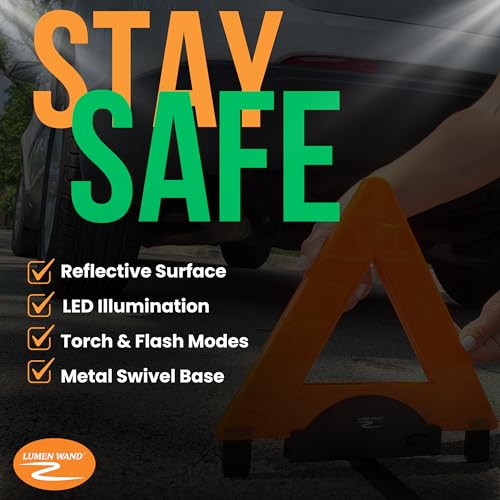 Lumen Wand Reflective Warning Triangle with LED Lights for Road Safety Metal Base | Internal LED with External Reflectors Emergency Triangle for Car Breakdowns - size: Pack of 1