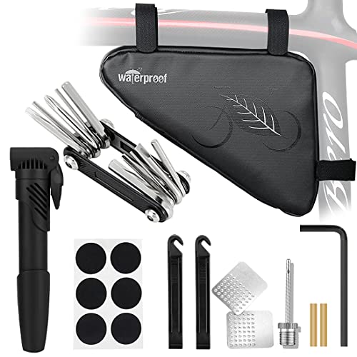 WOTOW Bike Tire Repair Tool Kit, Waterproof Frame Storage Bag & Mini Bike Pump & 16 in 1 Multitool & Bicycle Tyre Lever Patch Portable Repair Tool Accessories Set for Road Mountain BMX Cycling - style: 11 in 1 Multitool