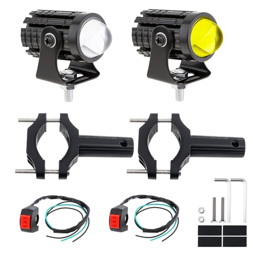 Windance 2pcs 32W LED Motorcycle Headlight with Switch, Yellow White Dual Color Hi/Lo Beam for Motorcycle, 2400LM 3000K 6000K Crash Bar Front Fork Spotlight (Spotlights+Brackets (2 pack))