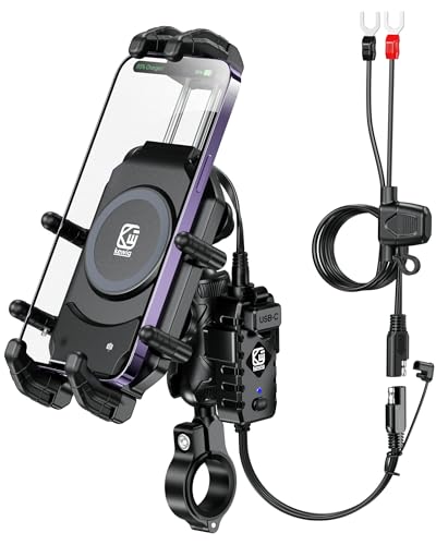 BRCOVAN Motorcycle Phone Mount with Qi Wireless & USB-C Charger | Qi 15W & PD 30W, Anti-Theft Handlebar Cellphone Holder with Vibration Dampener, Adjustable for 5.4-7.2'' Smartphone