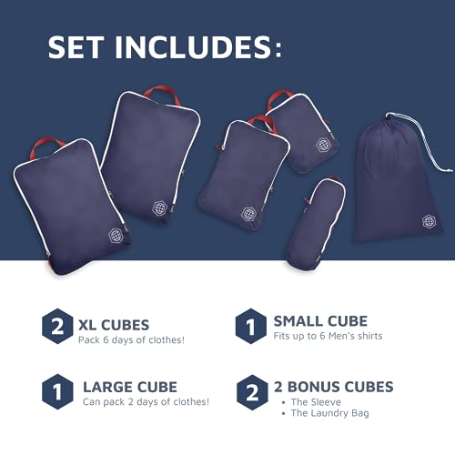 Extra Large Compression Packing Cube 6 Piece Set for Travel and Check Luggage by TRIPPED Travel Gear - color: Navy