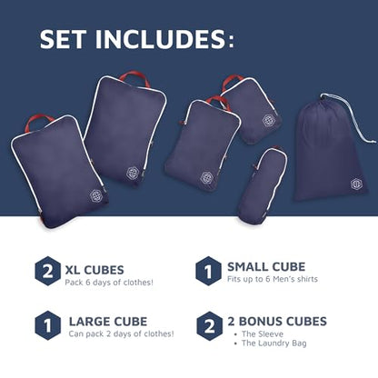 Extra Large Compression Packing Cube 6 Piece Set for Travel and Check Luggage by TRIPPED Travel Gear - color: Navy
