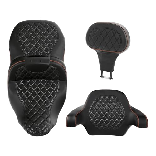 SLMOTO Seat Rider Backrest Passenger Backrest Pad Diamond 2-Up One-Piece Sissy Bar fit for Harley Touring Road King FLHR Street Glide FLHX Road Glide FLTRX 2014-2021 - color: A Style Blue + 2 Backrest