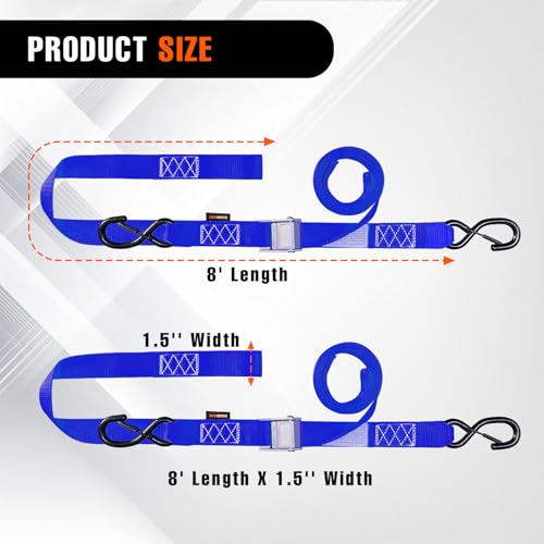 2PK 1.5" x 8FT Motorcycle Tie Down Straps, 3,000lb Break Strength, Heavy Duty Cambuckle, Safety S-Hooks & Soft Loops for Dirt Bike, ATV, UTV, Boat, and Kayak, Durable and Easy to Use, Blue - color: Blue