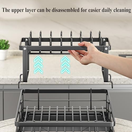 2-Tier Dish Drying Rack with 360° Rotating Drainage, Detachable Utensil Holder , Rust-Resistant Carbon Steel Dish Drainer for Kitchen Counter - color: Black