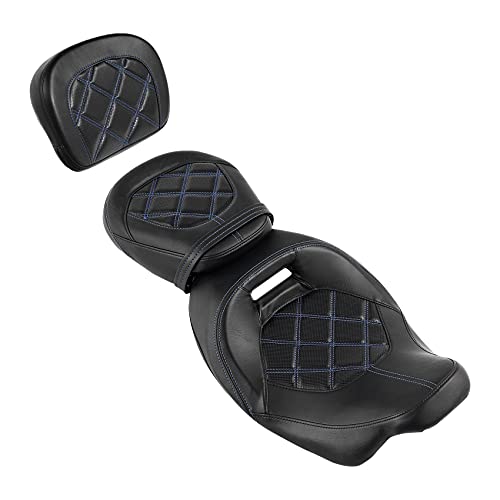SLMOTO Motorcycle Seat with Sissy Bar Tour Trunk Pad Fit for Harley Davidson Touring King Street Glide Tri-Glide 2009-2020 Trike 2010-2023 CVO Bikes Blue Stitching Driver Passenger Seat+Tour Trunk - color: Seat + Passenger Backrest Black Blue#110