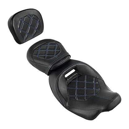 SLMOTO Motorcycle Seat with Sissy Bar Tour Trunk Pad Fit for Harley Davidson Touring King Street Glide Tri-Glide 2009-2020 Trike 2010-2023 CVO Bikes Blue Stitching Driver Passenger Seat+Tour Trunk - color: Seat + Passenger Backrest Black Blue#110