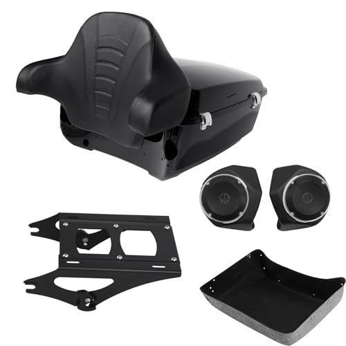 TCMT King Motorcycle Tour Trunk with Backrest 6.5" Speakers 2 Up Mount Rack Fit for Harley 2014-2025 Touring CVO Road King Road Glide Street Glide Electra Glide Ultra Limited Pack - color: Style A+Speakers#1+Black 2 Up Rack#2