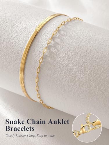 U7 Silver/Gold Ankle Bracelets for Women Layered Chain Anklets Stainless Steel Waterproof Summer Beach Anklet Cham, Adjustable 8.5"-10.5" - color: Gold - Flat Snake Chain+Paperclip Chain