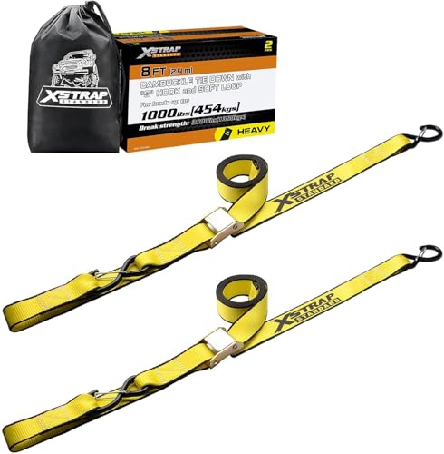 XSTRAP STANDARD Motorcycle Tie Down Straps (2 Pack) 3,000lb Break Strength, 1.5 in X 8FT Heavy-Duty Cambuckle Tie Down Set with S Hook and Soft Loops, Yellow - color: Yellow